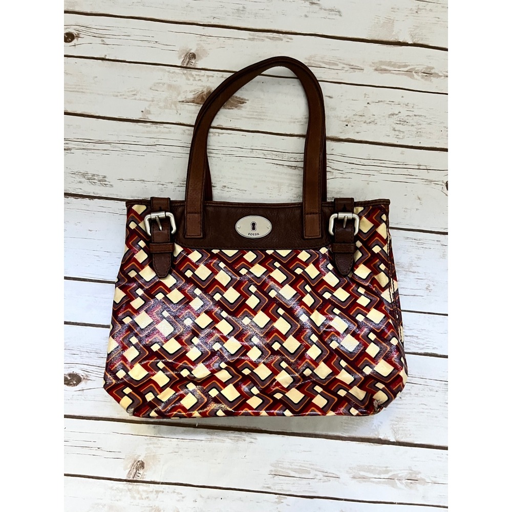 Fossil Tote Bag Multicolor Geometric Coated Canvas Leather Trim Large